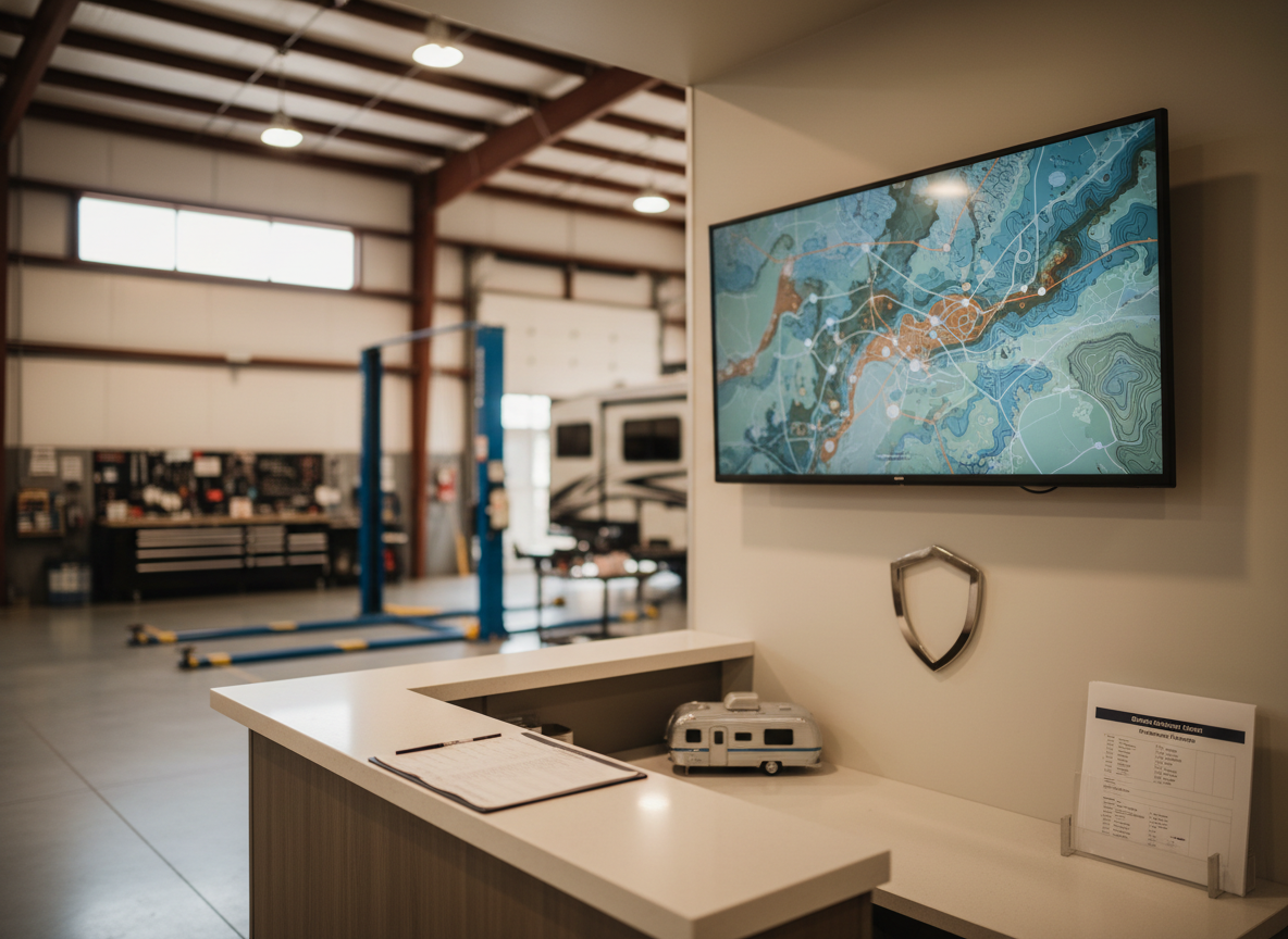 A compact, modern RV service desk area integrated into the workshop, featuring a mounted large display screen showing a stylized map of a western region location as an abstract, non-text graphic, representing easy contact and directions. Nearby, a small model RV sits on a clean counter next to a neatly arranged stack of blank forms and a simple, logo-like emblem shape on the wall without legible text. Soft, indirect ceiling lights and daylight from a high window create a bright, welcoming glow. Photographic realism, shot from an eye-level, slightly off-center angle, with shallow depth of field keeping the counter in focus and the workshop equipment gently blurred behind. The mood is organized, approachable, and thoroughly professional.