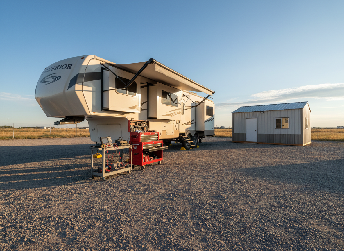 A fifth-wheel RV backed into an outdoor service area beside a small, tidy repair building, its awning retracted and wheel chocks in place. The foreground shows a sturdy rolling toolbox and diagnostic equipment on a cart, positioned near the RV’s side where an access panel is open. Late afternoon natural light casts a warm, golden tone across the gravel lot, with long, soft shadows creating depth. Photographic realism with a slightly elevated, wide-angle composition that captures both the RV and the service environment. The sky is clear blue with a few soft clouds, giving a calm, dependable atmosphere suited for a professional RV repair business located in the western region, without showing any people or readable signage.