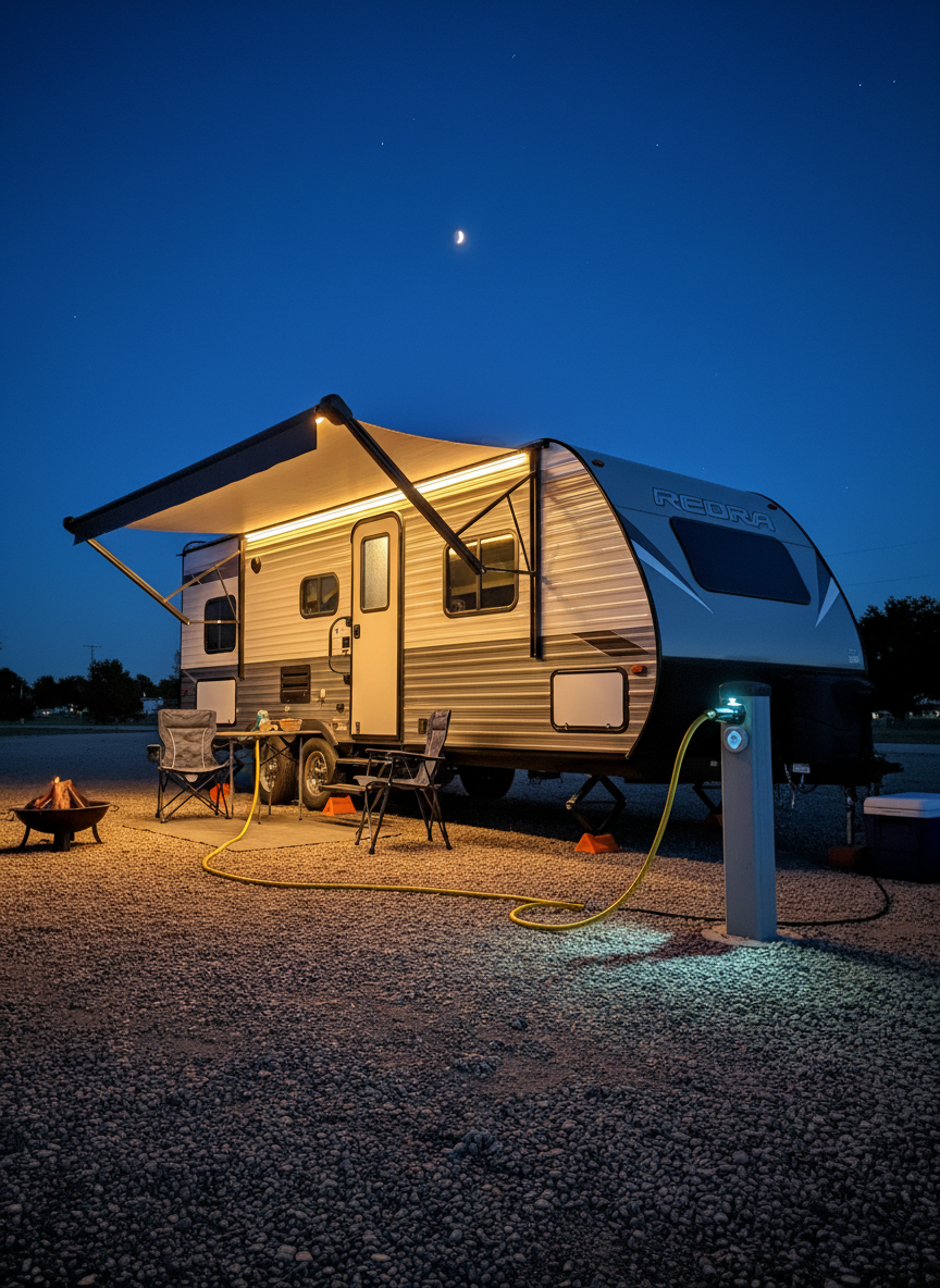 A night-ready campsite scene featuring a mid-sized travel trailer connected to shore power at a pedestal, with warm LED strip lighting glowing under the awning and soft light spilling from tinted windows, suggesting successful electrical servicing. The surrounding area includes a neatly coiled heavy-duty power cord, a small folding table, and carefully placed wheel chocks on level gravel. Early evening blue-hour sky provides a rich, deep backdrop, while the trailer’s lights create a cozy halo around the site. Photographic realism, captured at a three-quarter angle with moderate depth of field, focusing on the power connection and illuminated exterior. The atmosphere balances technical reliability with comfort, symbolizing the benefits of expert RV electrical service and repairs.
