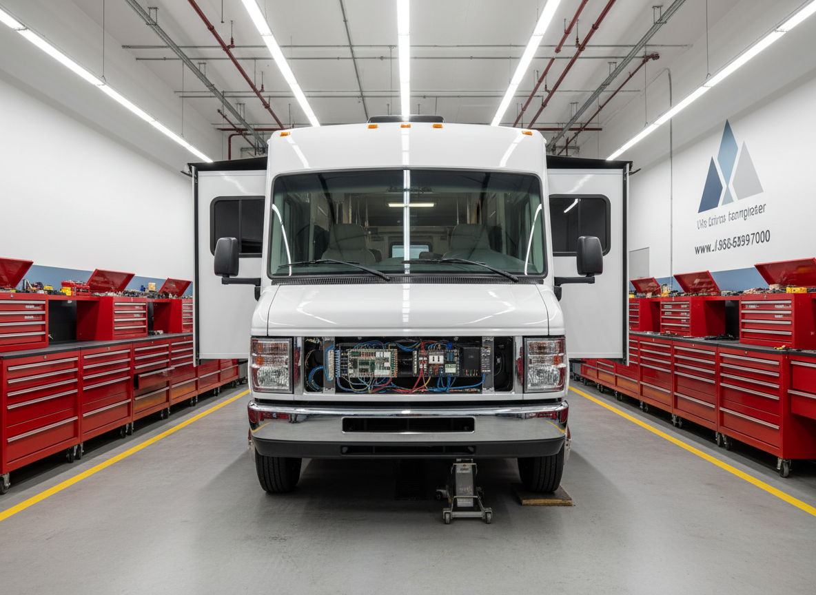 A clean white Class C motorhome parked neatly inside a well-organized RV repair bay, its side access panels open to reveal tidy wiring, fuses, and electrical components. Heavy-duty tool cabinets, neatly labeled, line the walls, and a sturdy hydraulic jack supports one wheel. Bright, even LED shop lighting floods the space, creating crisp reflections on the RV’s glossy exterior and casting soft, controlled shadows on the smooth concrete floor. Photographic realism, eye-level composition with sharp focus throughout, conveying a professional, trustworthy workshop atmosphere. Subtle signage-style shapes on a back wall hint at business branding and contact details without readable text, keeping the mood clean, competent, and businesslike.