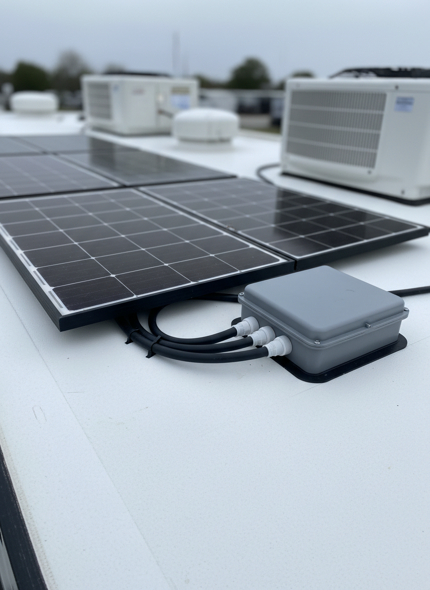 A detailed close-up of an RV roof during an electrical upgrade, showing a sleek new solar panel array mounted on clean white roofing membrane. Cables are carefully routed through a waterproof junction box with tidy strain reliefs and sealed fittings. In the background, soft-focus air conditioning units and roof vents sit on the flat surface. Mild overcast daylight creates soft, shadow-free lighting that emphasizes textures of metal frames, glass, and rubber seals. Photographic realism with a low, side-on angle that skims across the panel’s edge, capturing subtle reflections in the glass. The mood is innovative and technical yet calm, highlighting modern electrical upgrades without any people or visible brand names.
