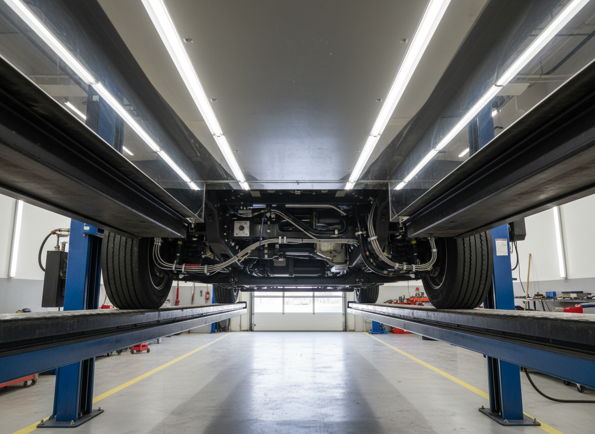 An interior service scene showing the underbelly of a large motorhome raised on heavy-duty lifts inside a spotless RV repair shop. The camera looks down the length of the chassis at eye level, revealing clean suspension components, freshly replaced brake lines, and neatly routed electrical cabling secured with clips. Bright overhead LED strip lights run along the ceiling, producing powerful, even illumination and crisp reflections on metal surfaces, while the concrete floor appears smooth and uncluttered. Photographic realism with strong linear perspective leading the eye toward an open bay door in the distance, where soft daylight spills in. The mood is highly technical, safe, and professional, emphasizing serious mechanical and electrical service capabilities without any human figures.