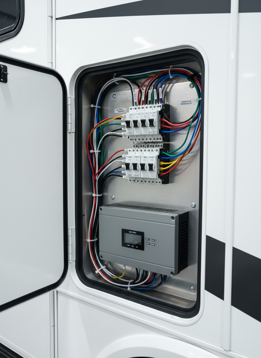 A close-up, photographic view of an RV electrical compartment with the panel door swung open, revealing neatly bundled color-coded wires, modern circuit breakers, and a newly installed power management system mounted on a clean metal backing plate. The surrounding RV siding is bright white fiberglass with a smooth sheen. Cool, diffused workshop lighting highlights the precision of the connections and creates gentle shadows within the compartment. Shot from a slightly angled, tight composition that emphasizes craftsmanship and attention to detail, with a softly blurred background suggesting the larger RV body. The mood is technical, precise, and highly professional, ideal for showcasing electrical servicing and upgrades without any human presence.