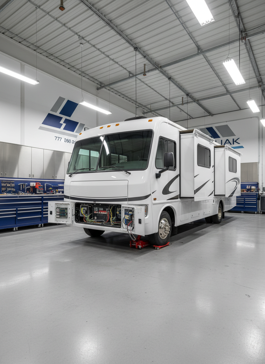 A clean white Class C motorhome parked neatly inside a well-organized RV repair bay, its side access panels open to reveal tidy wiring, fuses, and electrical components. Heavy-duty tool cabinets, neatly labeled, line the walls, and a sturdy hydraulic jack supports one wheel. Bright, even LED shop lighting floods the space, creating crisp reflections on the RV’s glossy exterior and casting soft, controlled shadows on the smooth concrete floor. Photographic realism, eye-level composition with sharp focus throughout, conveying a professional, trustworthy workshop atmosphere. Subtle signage-style shapes on a back wall hint at business branding and contact details without readable text, keeping the mood clean, competent, and businesslike.